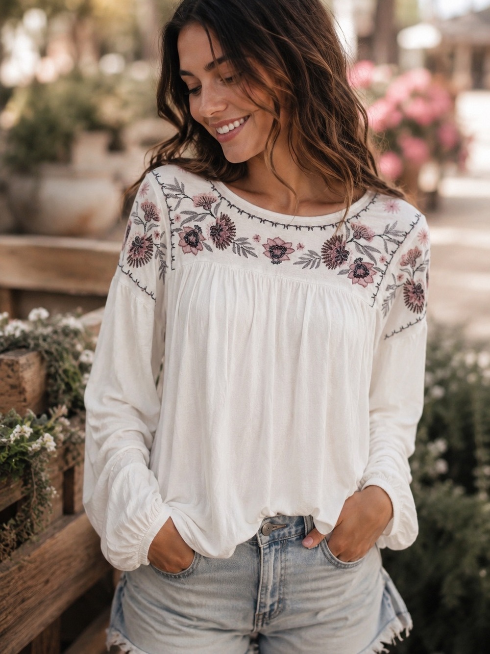 Knox Rose Womens S Ivory Floral Embroidered Boho Peasant Blouse Soft Stretch NWT